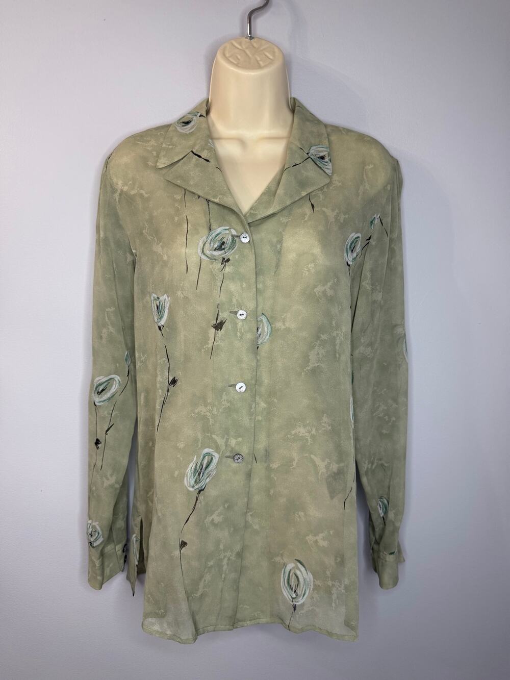 Vintage 90s Escada Elements Silk Chiffon Watercolor Rose Print Blouse Green Sz 4